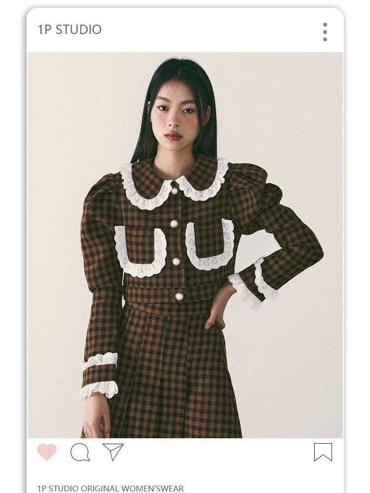 1P STUDIO Brown Plaid Lace Trim Women&