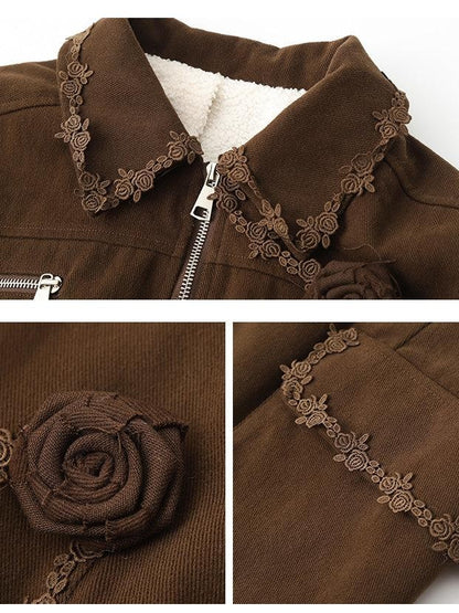 1P STUDIO Brushed Floral Lace Trim Collared Women&