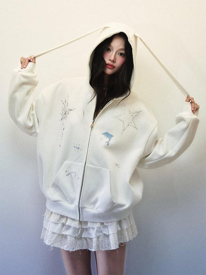 1P STUDIO Bunny Ear Butterfly Gem Loose Hooded Straight Pants Women&