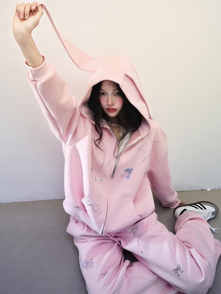 1P STUDIO Bunny Ear Butterfly Gem Loose Hooded Straight Pants Women&