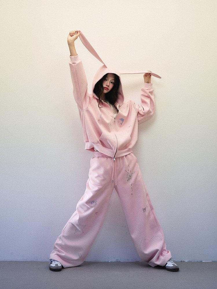 1P STUDIO Bunny Ear Butterfly Gem Loose Hooded Straight Pants Women&
