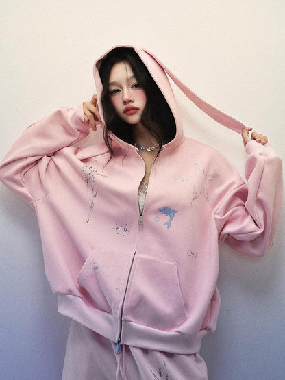 1P STUDIO Bunny Ear Butterfly Gem Loose Hooded Straight Pants Women&