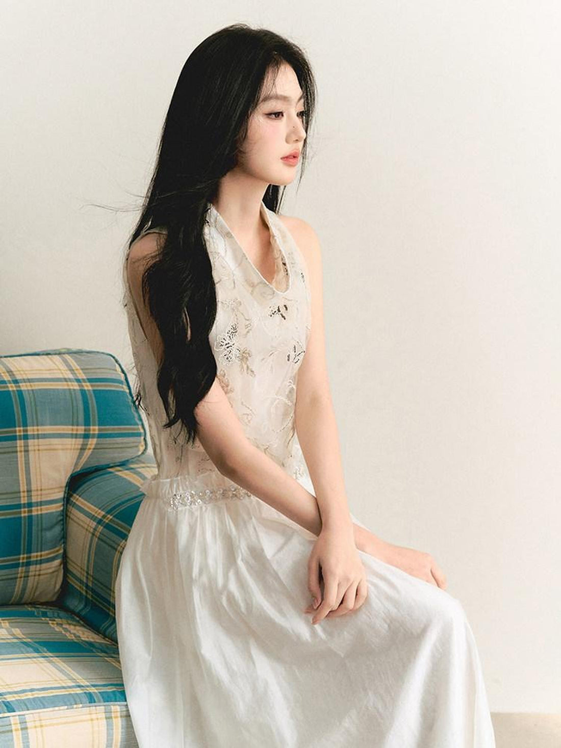 1P STUDIO Butterfly Embroidered Drape Neck Low Waist Women&