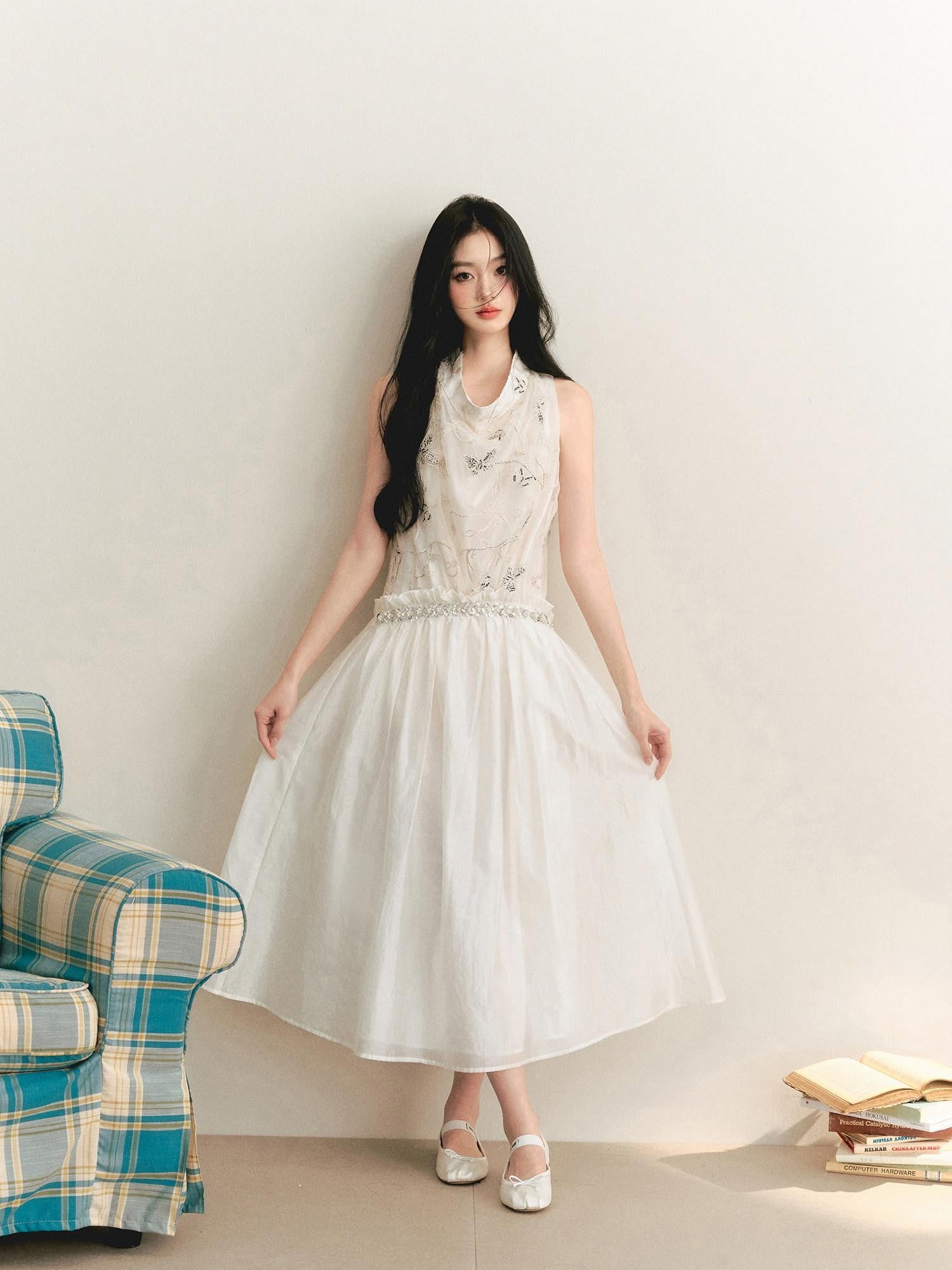 1P STUDIO Butterfly Embroidered Drape Neck Low Waist Women&
