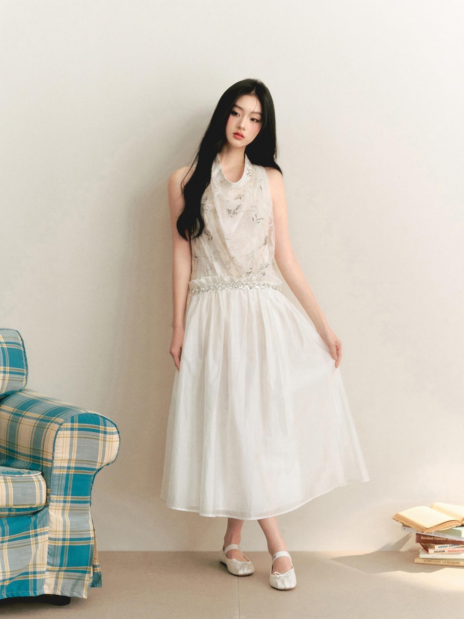 1P STUDIO Butterfly Embroidered Drape Neck Low Waist Women&