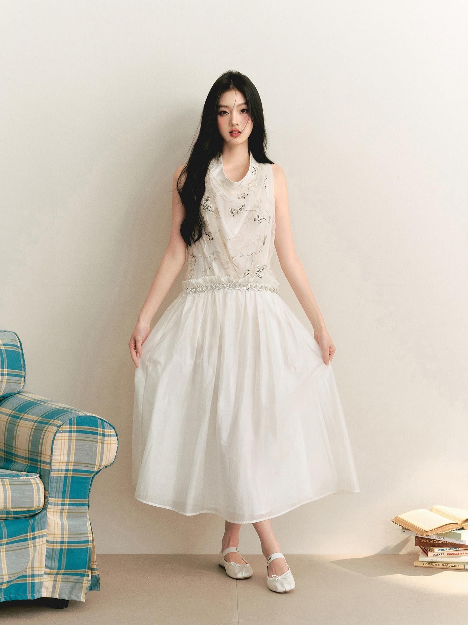 1P STUDIO Butterfly Embroidered Drape Neck Low Waist Women&
