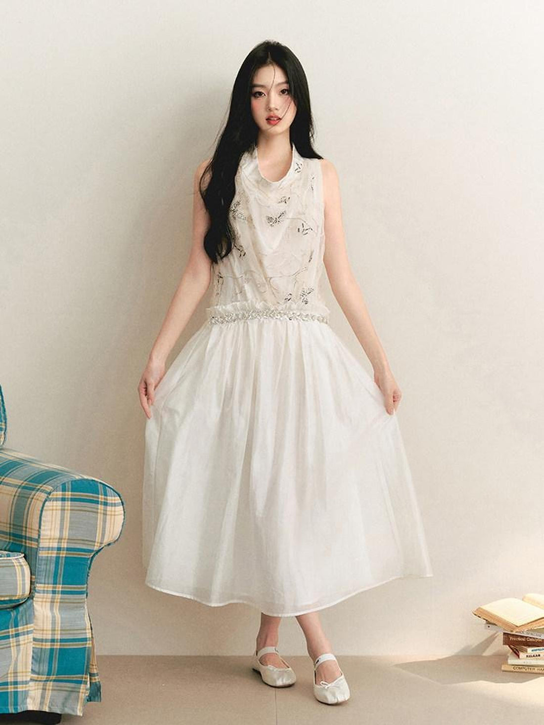 1P STUDIO Butterfly Embroidered Drape Neck Low Waist Women&