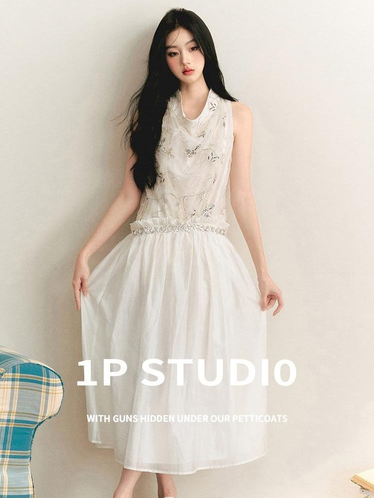 1P STUDIO Butterfly Embroidered Drape Neck Low Waist Women&
