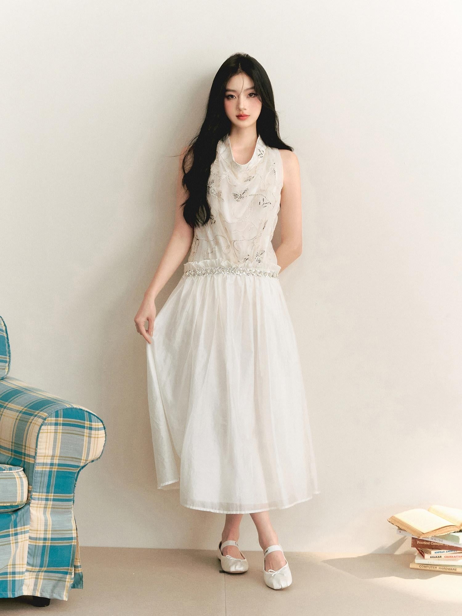1P STUDIO Butterfly Embroidered Drape Neck Low Waist Women&