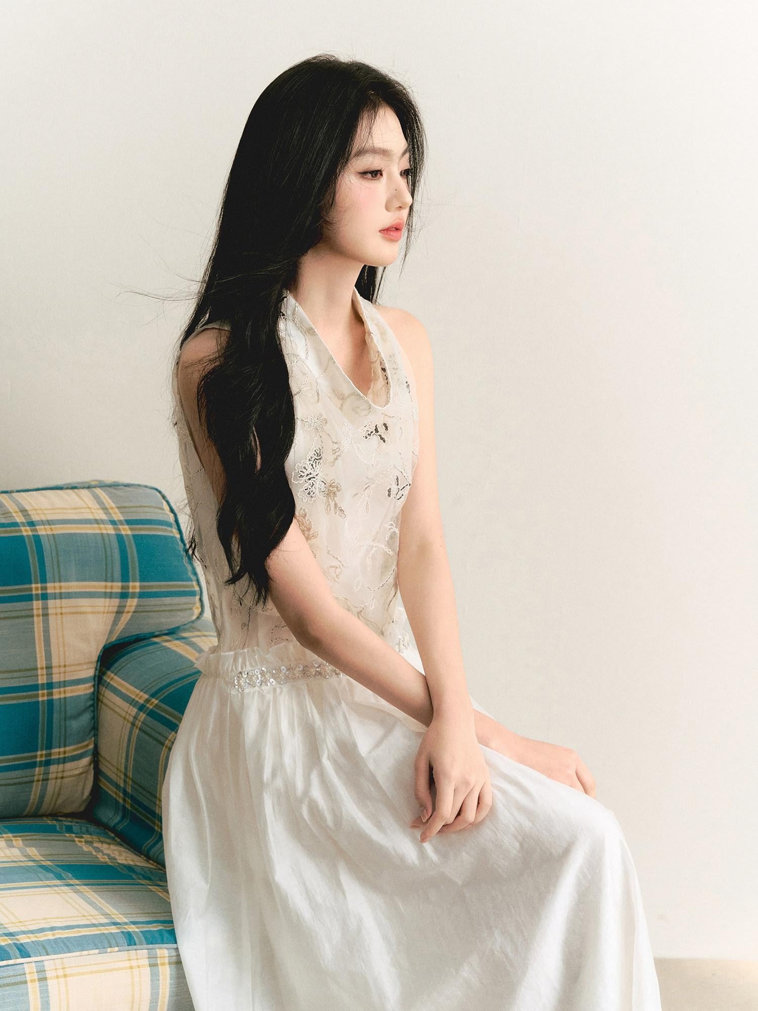 1P STUDIO Butterfly Embroidered Drape Neck Low Waist Women&
