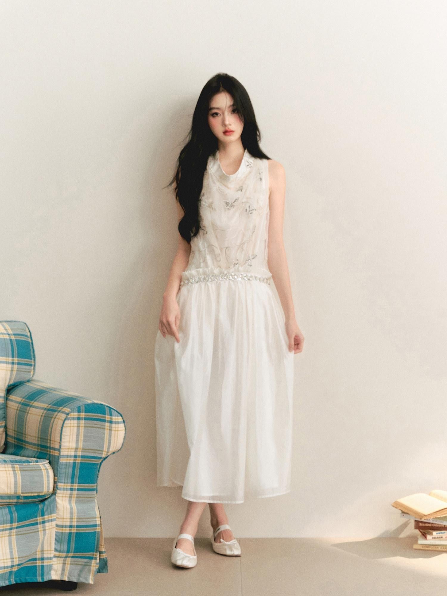 1P STUDIO Butterfly Embroidered Drape Neck Low Waist Women&