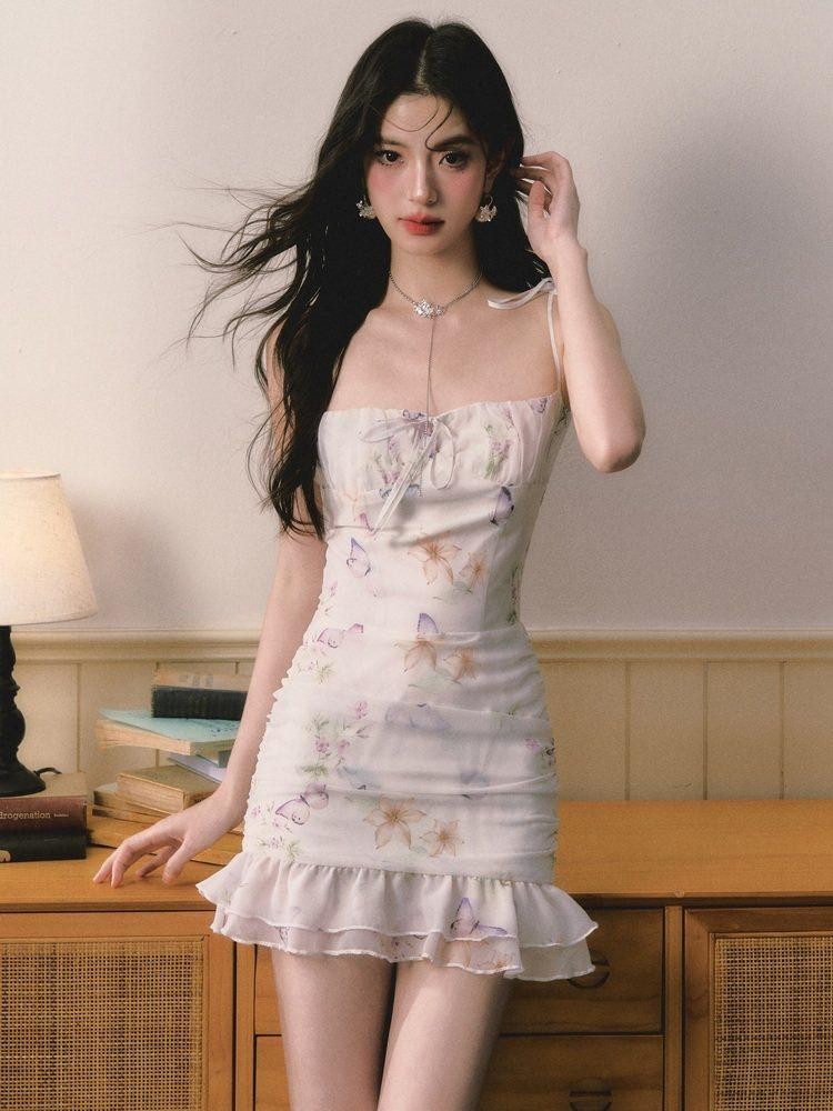 1P STUDIO Butterfly Floral Ruffle Bardot Fitted Women&