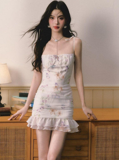 1P STUDIO Butterfly Floral Ruffle Bardot Fitted Women&