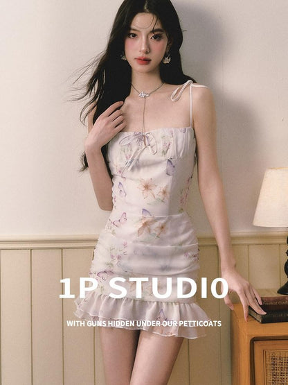 1P STUDIO Butterfly Floral Ruffle Bardot Fitted Women&