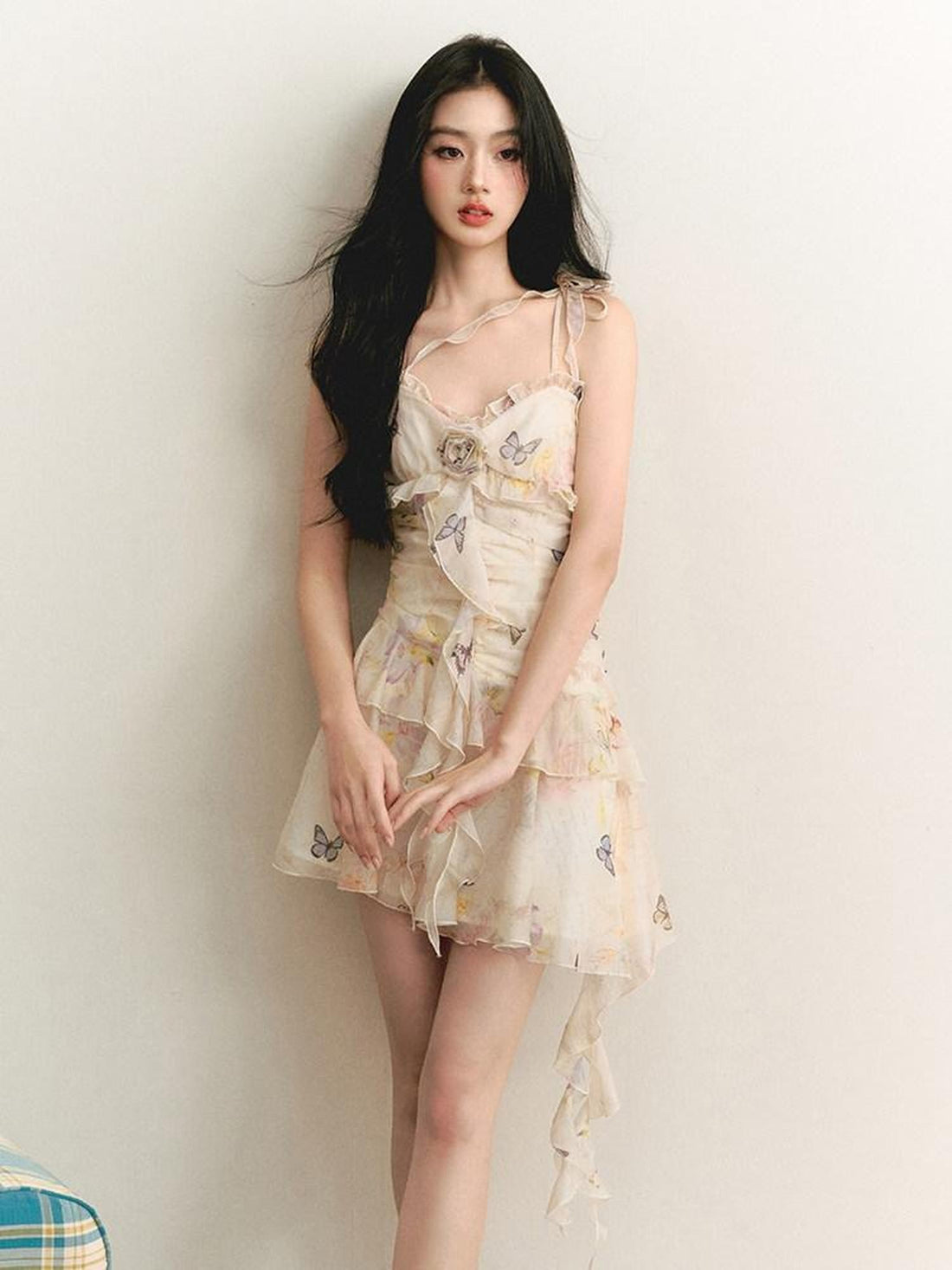 1P STUDIO Butterfly Print 3d Floral Asymmetrical Ribbon Women&
