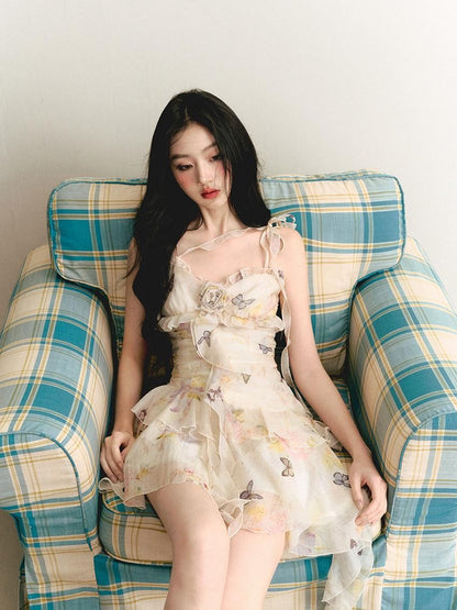 1P STUDIO Butterfly Print 3d Floral Asymmetrical Ribbon Women&