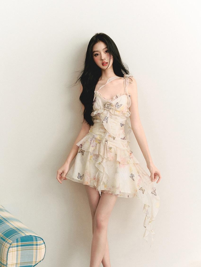 1P STUDIO Butterfly Print 3d Floral Asymmetrical Ribbon Women&