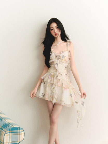 1P STUDIO Butterfly Print 3d Floral Asymmetrical Ribbon Women&