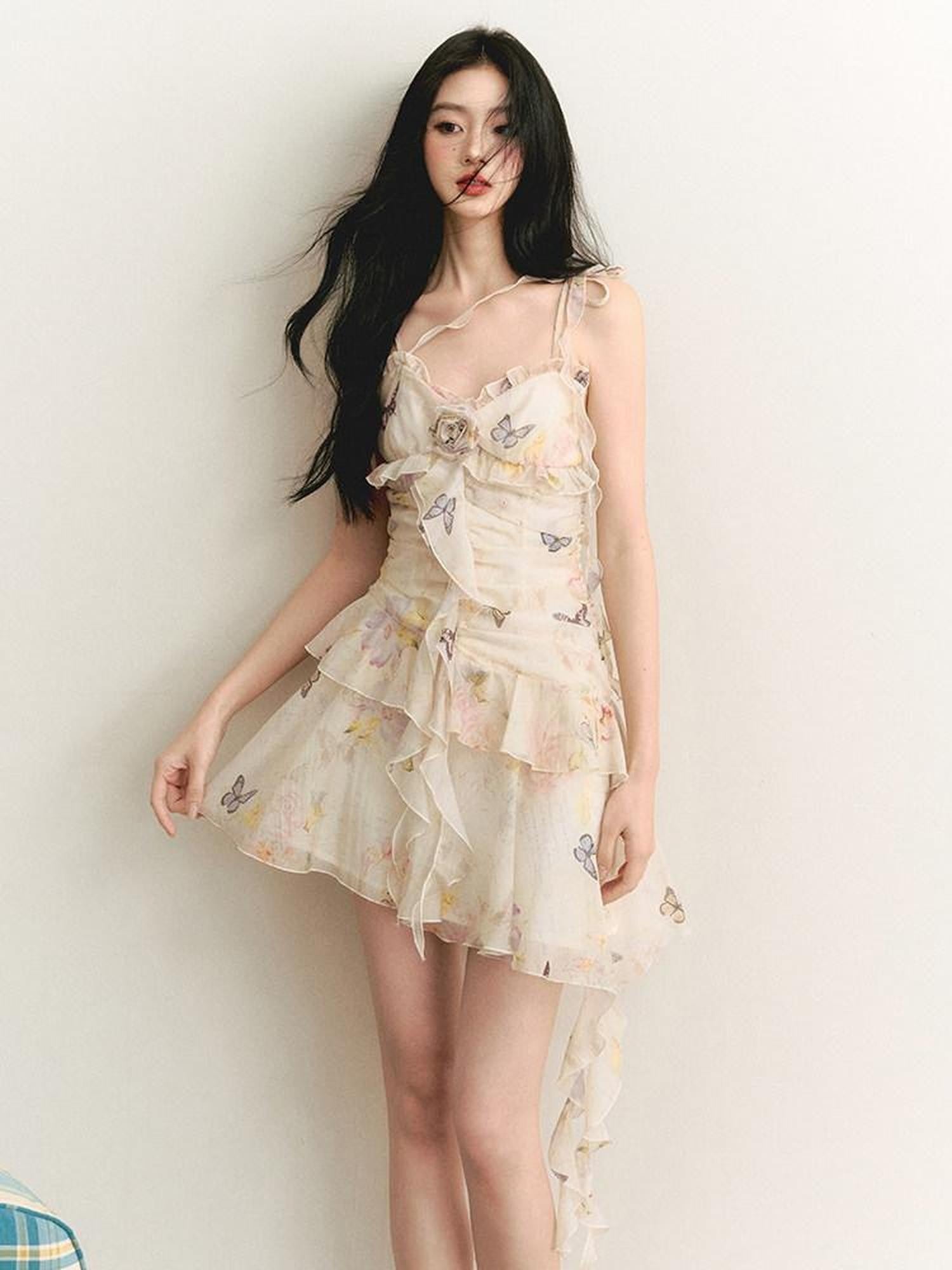 1P STUDIO Butterfly Print 3d Floral Asymmetrical Ribbon Women&