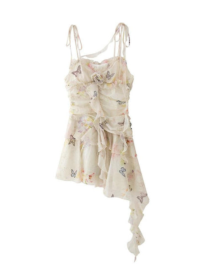 1P STUDIO Butterfly Print 3d Floral Asymmetrical Ribbon Women&