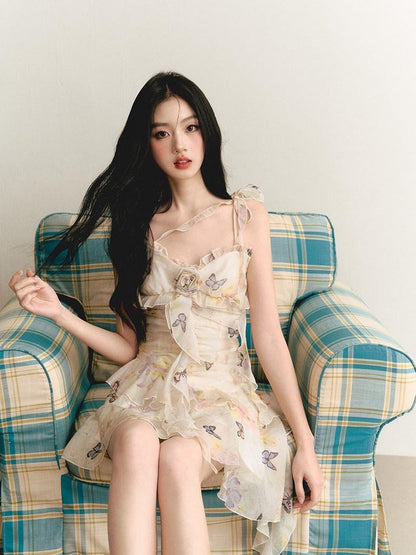 1P STUDIO Butterfly Print 3d Floral Asymmetrical Ribbon Women&