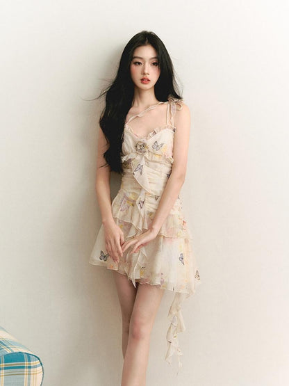 1P STUDIO Butterfly Print 3d Floral Asymmetrical Ribbon Women&