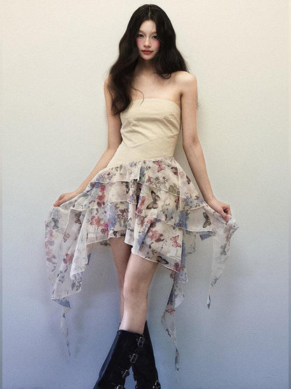 1P STUDIO Butterfly Print Patchwork Strapless A Line Women&