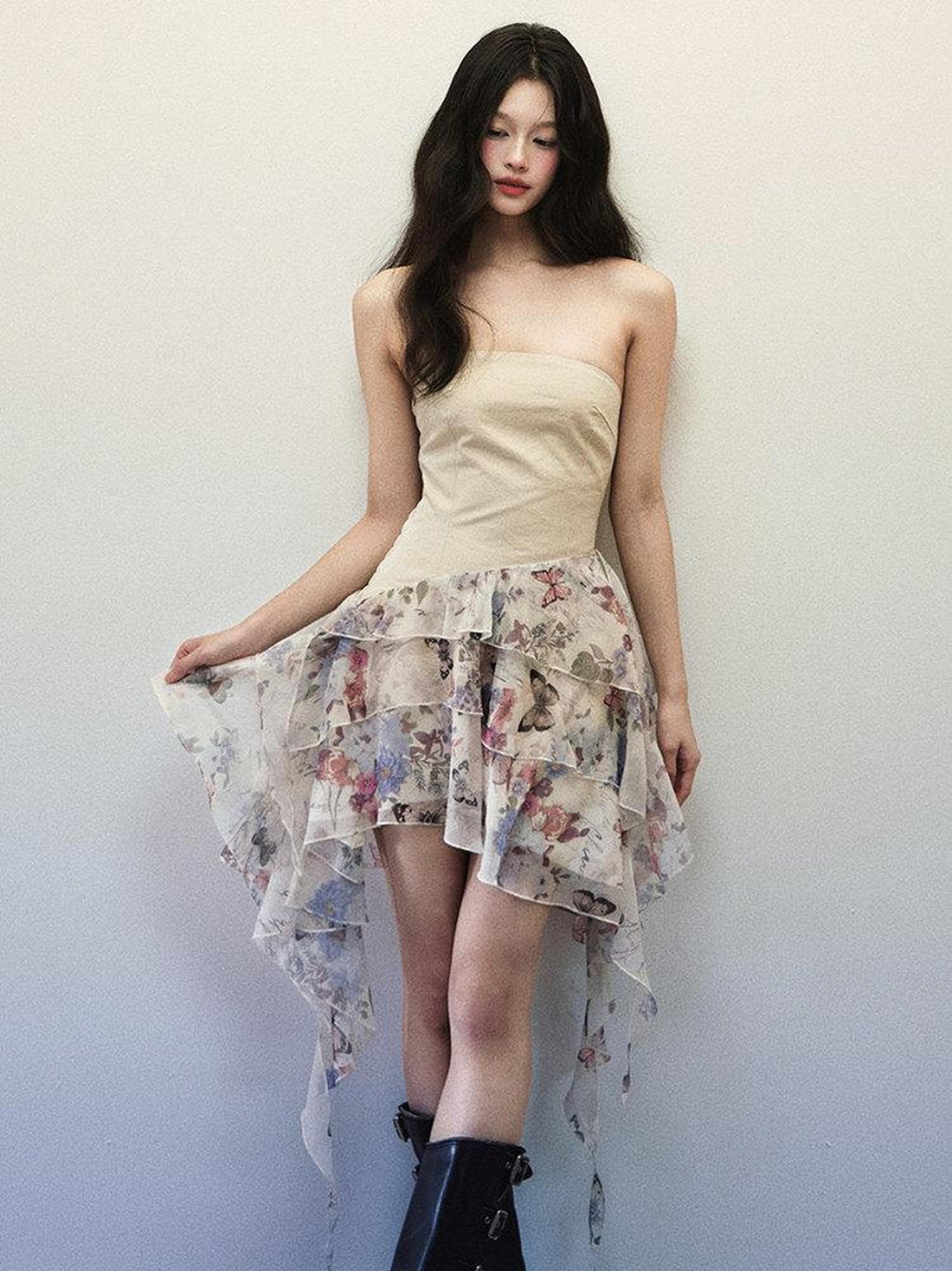 1P STUDIO Butterfly Print Patchwork Strapless A Line Women&