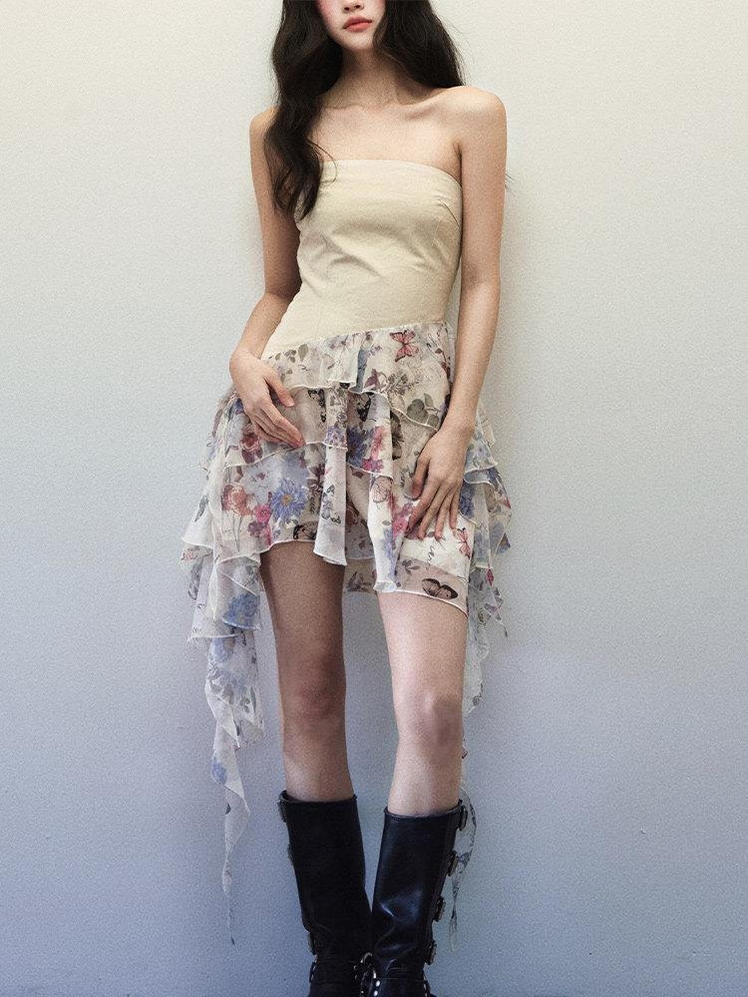 1P STUDIO Butterfly Print Patchwork Strapless A Line Women&