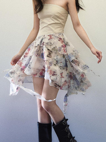 1P STUDIO Butterfly Print Patchwork Strapless A Line Women&