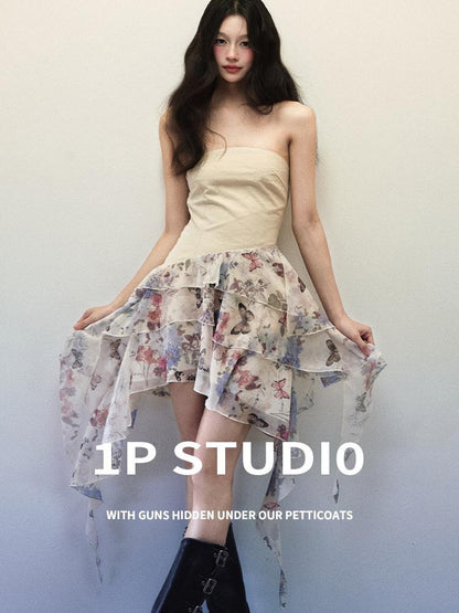 1P STUDIO Butterfly Print Patchwork Strapless A Line Women&