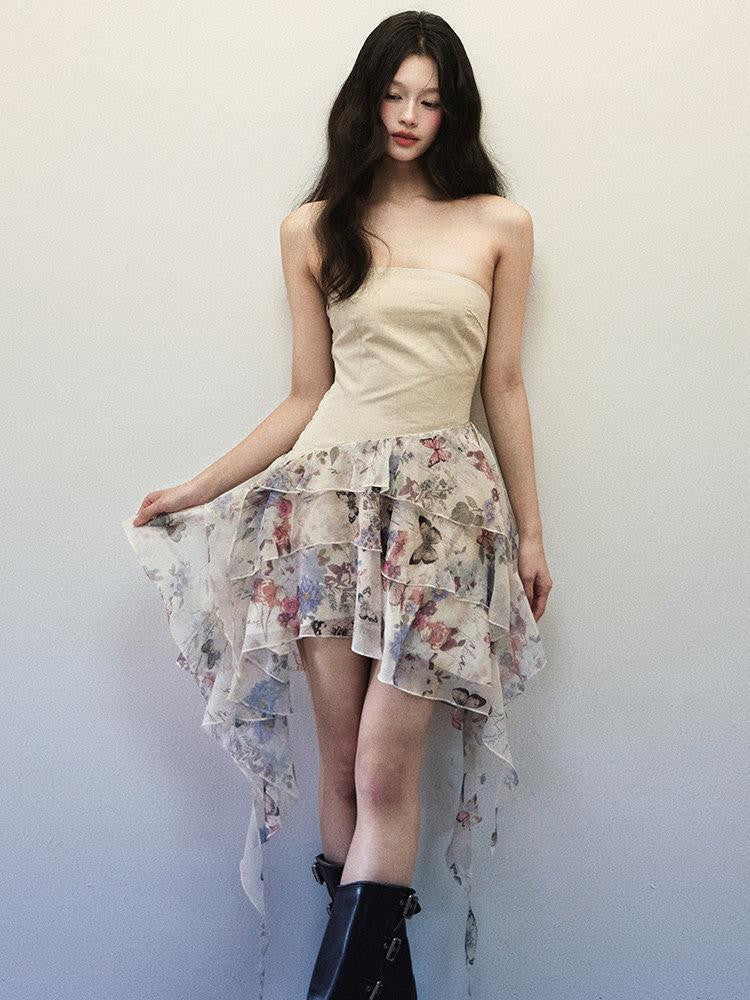 1P STUDIO Butterfly Print Patchwork Strapless A Line Women&