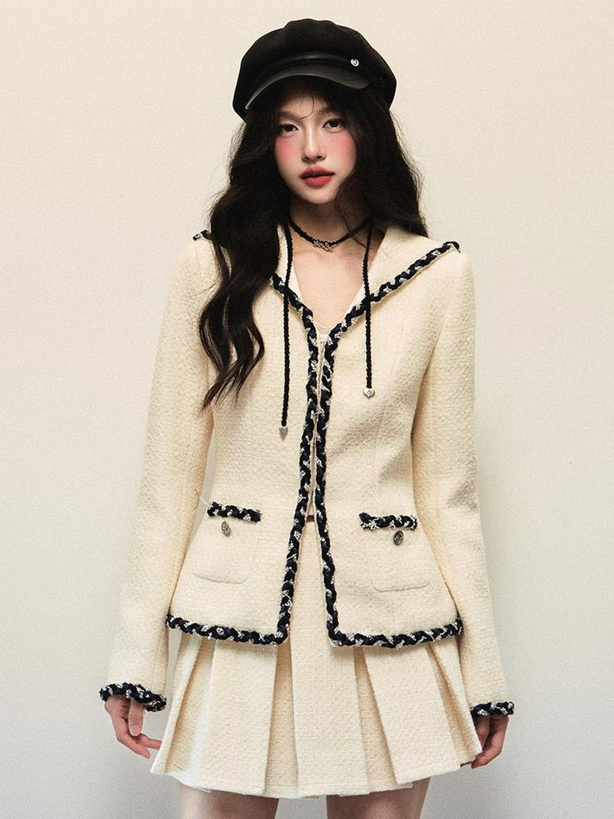 1P STUDIO Color Block Sailor Collar Long Sleeve Women&