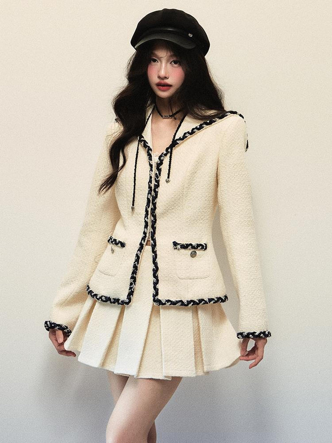 1P STUDIO Color Block Sailor Collar Long Sleeve Women&