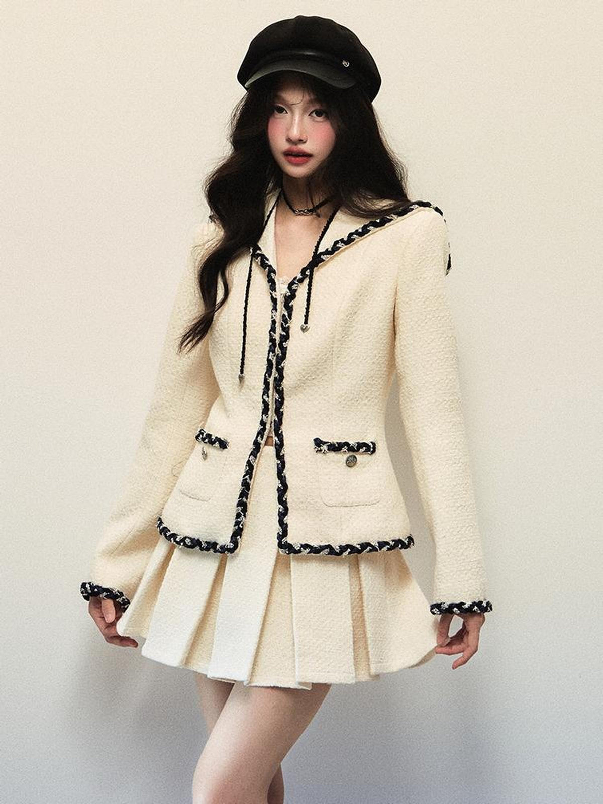 1P STUDIO Color Block Sailor Collar Long Sleeve Women&