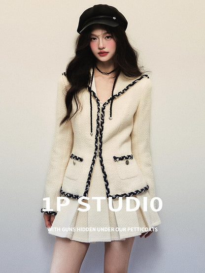 1P STUDIO Color Block Sailor Collar Long Sleeve Women&