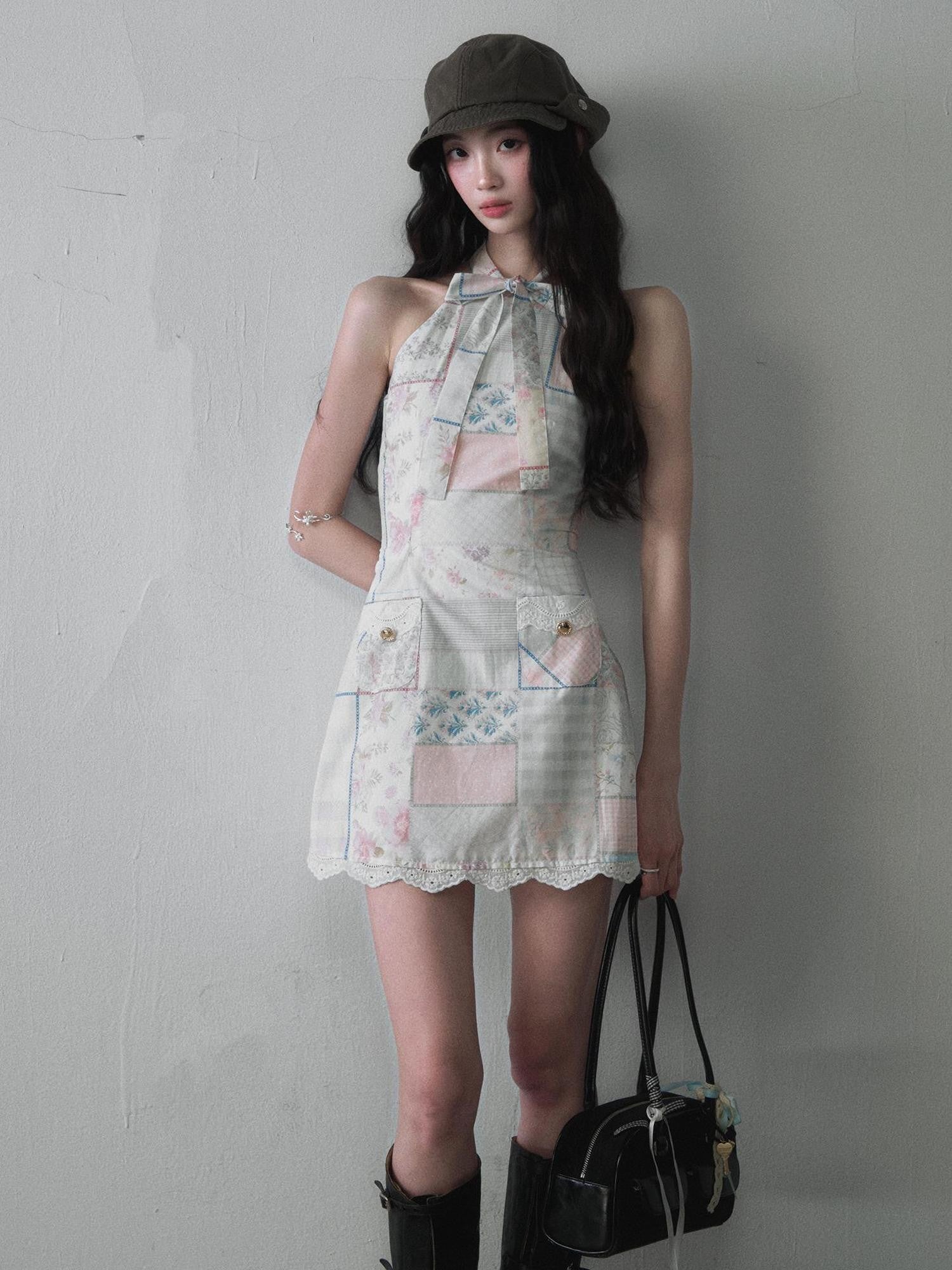 1P STUDIO Colorblock Bow Tie Lace Trim Print Women&