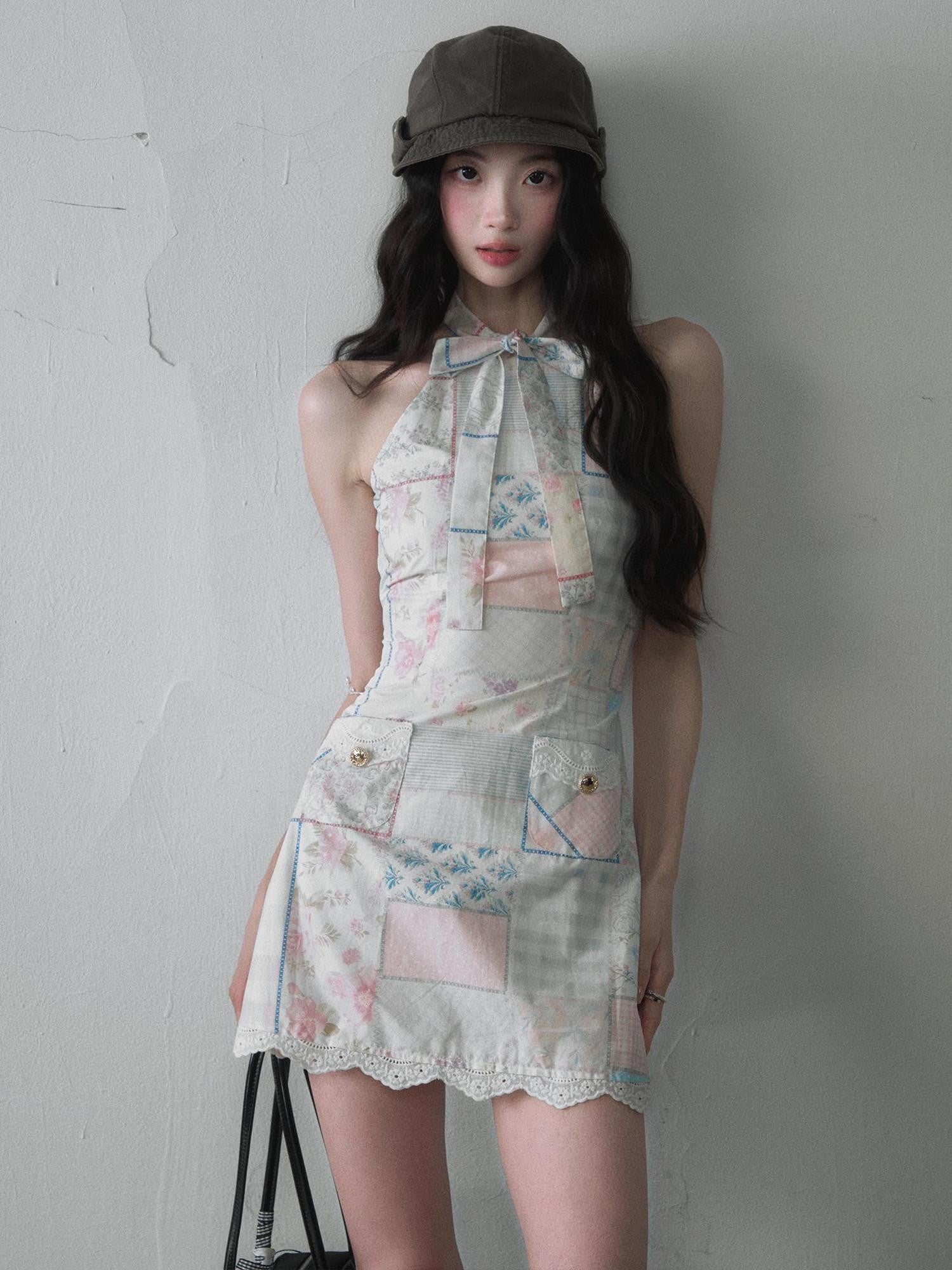 1P STUDIO Colorblock Bow Tie Lace Trim Print Women&