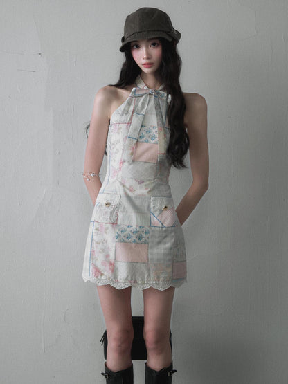 1P STUDIO Colorblock Bow Tie Lace Trim Print Women&