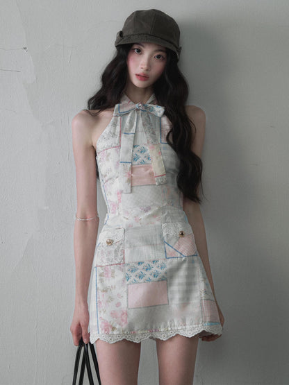 1P STUDIO Colorblock Bow Tie Lace Trim Print Women&