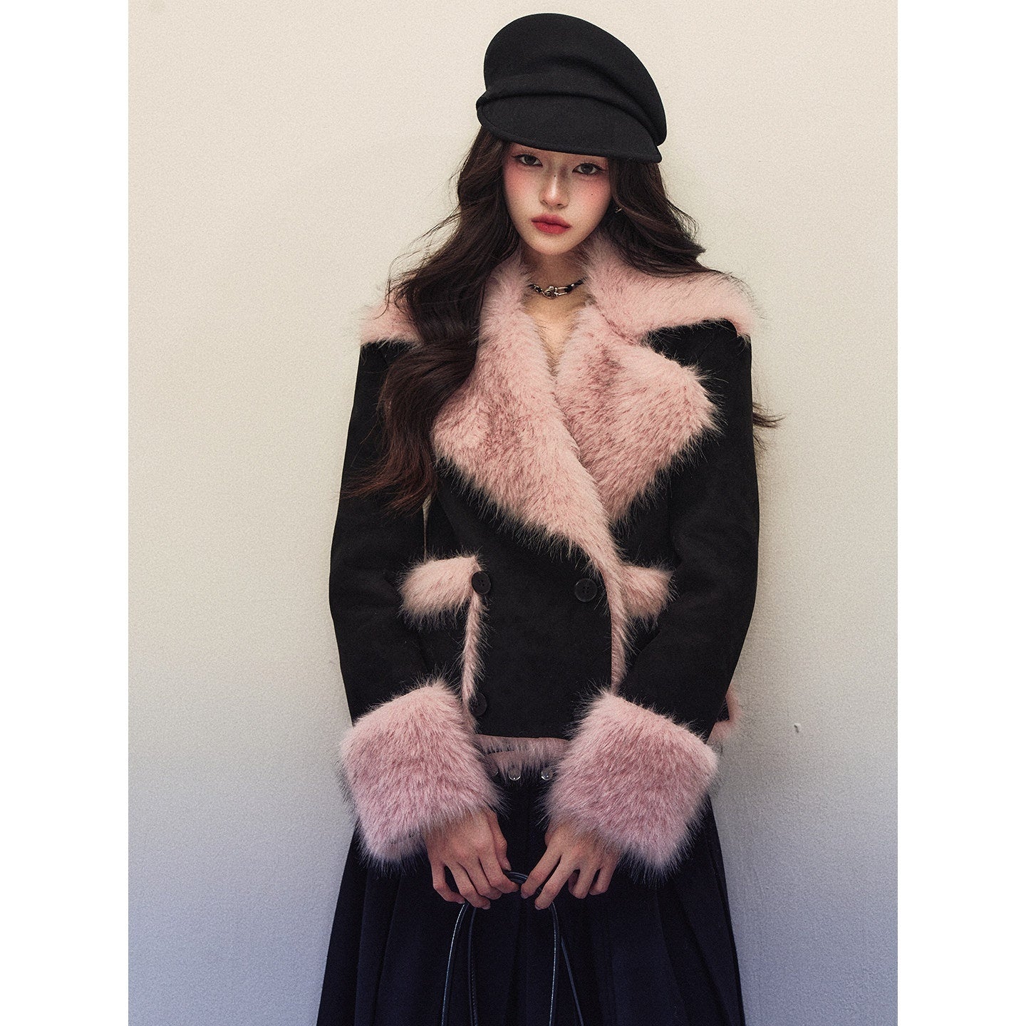 1P_STUDIO_Colorblock_Pink_Fur_Collar_Double_Breasted_Suede_Women&