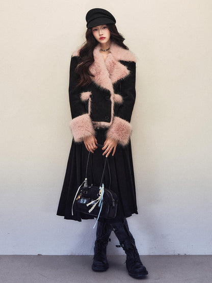 1P STUDIO Colorblock Pink Fur Collar Double Breasted Suede Women&