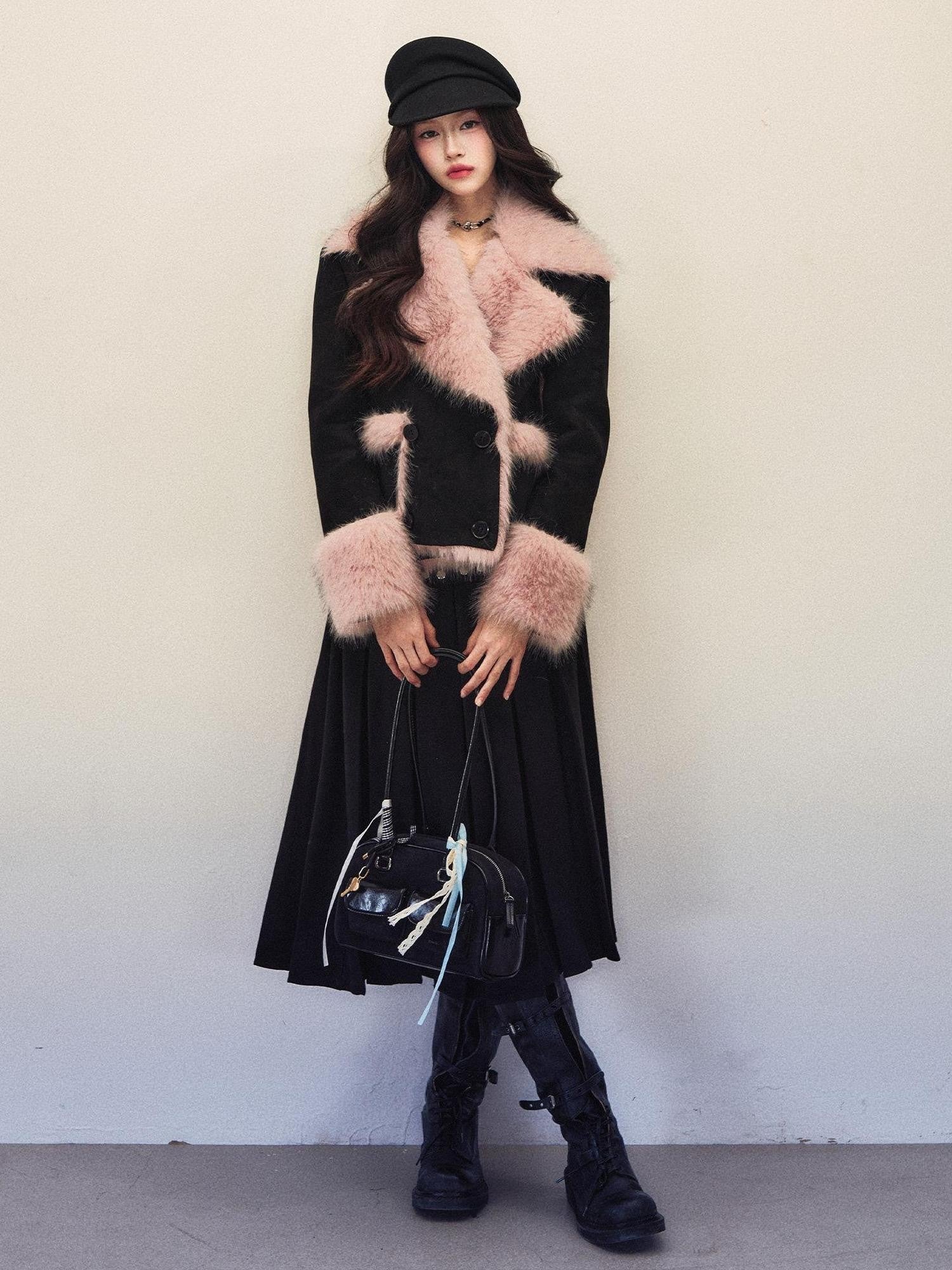 1P STUDIO Colorblock Pink Fur Collar Double Breasted Suede Women&
