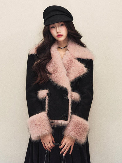 1P STUDIO Colorblock Pink Fur Collar Double Breasted Suede Women&