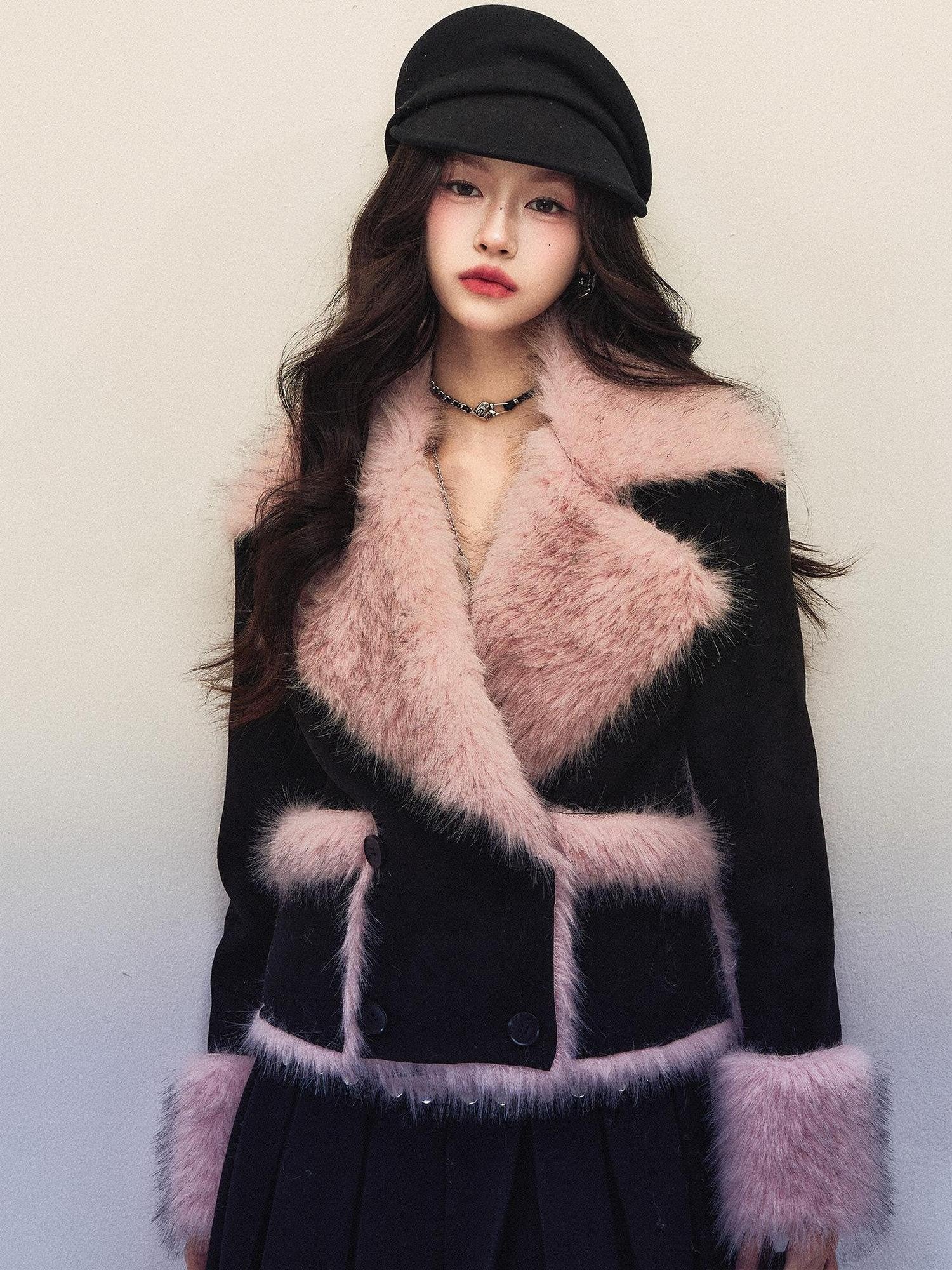 1P STUDIO Colorblock Pink Fur Collar Double Breasted Suede Women&