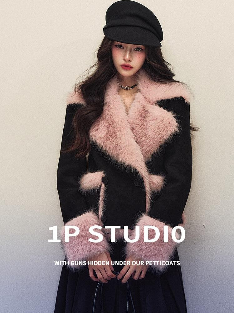 1P STUDIO Colorblock Pink Fur Collar Double Breasted Suede Women&