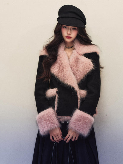 1P STUDIO Colorblock Pink Fur Collar Double Breasted Suede Women&