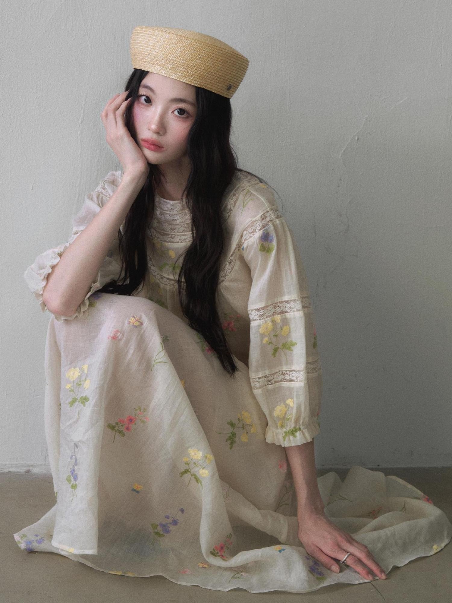 1P STUDIO Colorful Embroidered Puff Sleeve Floral Women&