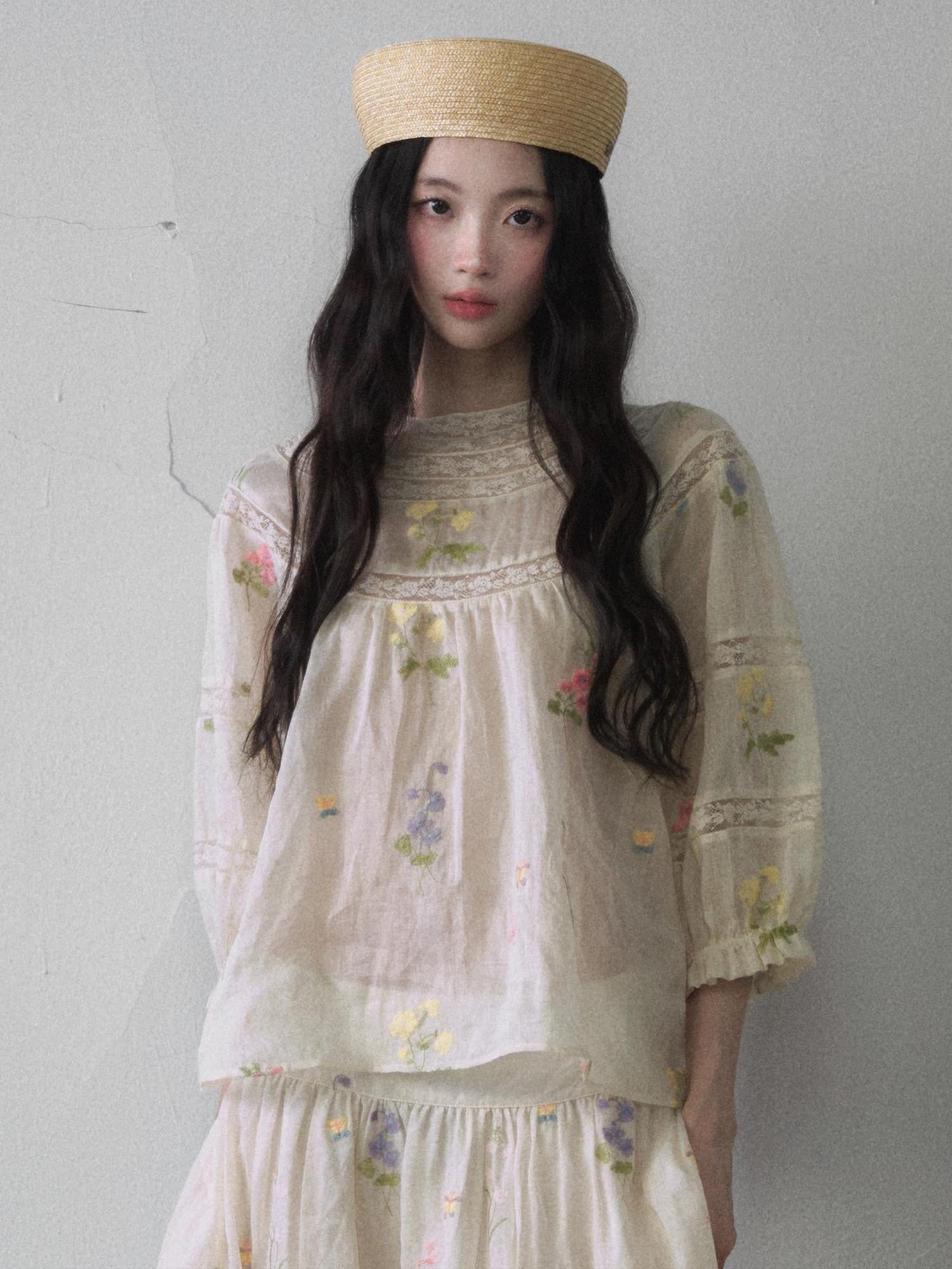 1P STUDIO Colorful Embroidered Puff Sleeve Floral Women&