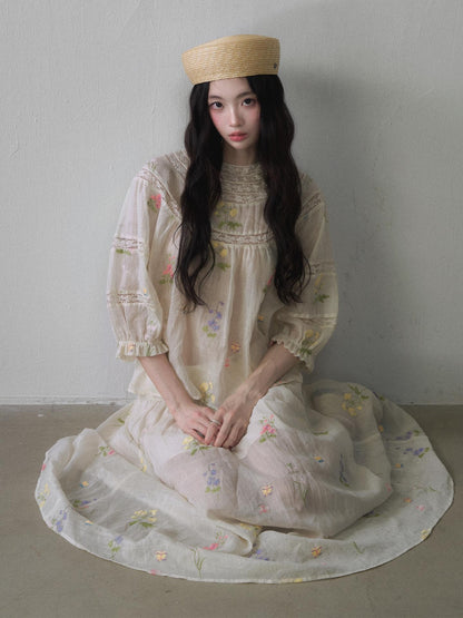 1P STUDIO Colorful Embroidered Puff Sleeve Floral Women&